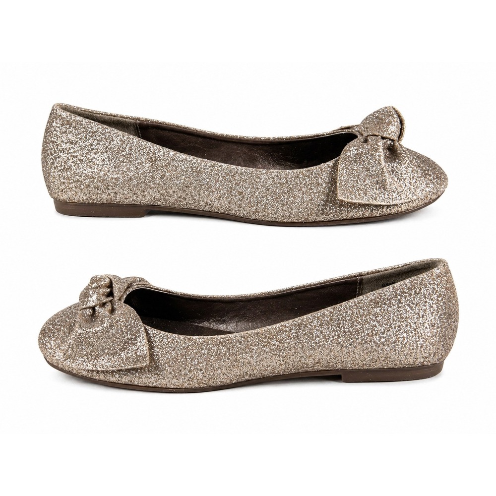 Brash Women Ballet Flats Size 4.5 Gold Glitter Bow Slip‎ On Y2K Glam Cute